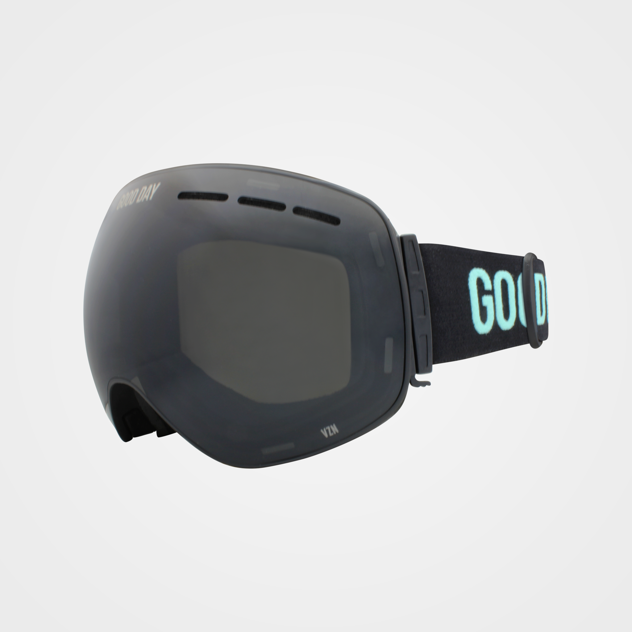 Black ski goggles with a colorful purple and yellow strap on a white background.