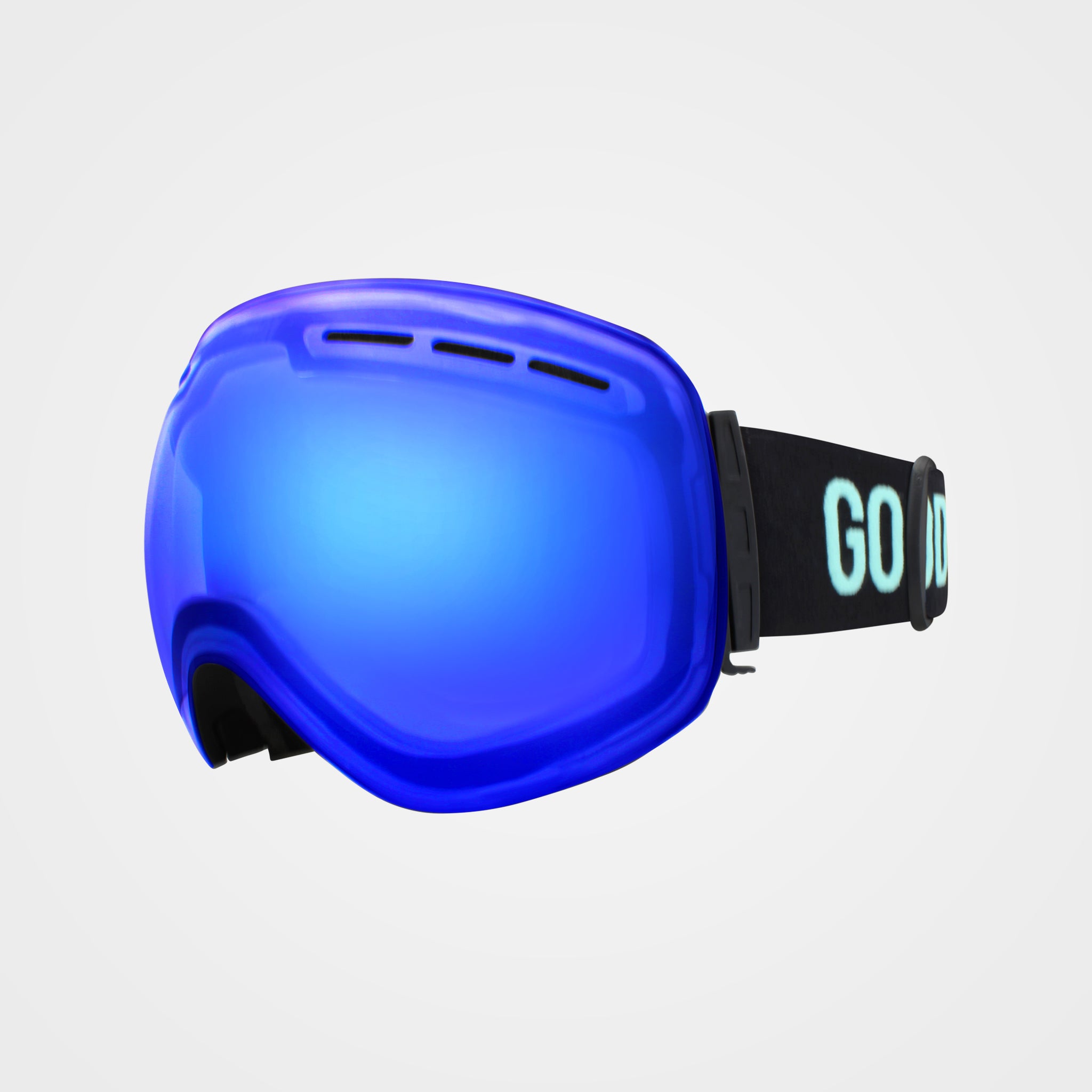 Blue ski goggles with a patterned strap on a white background.