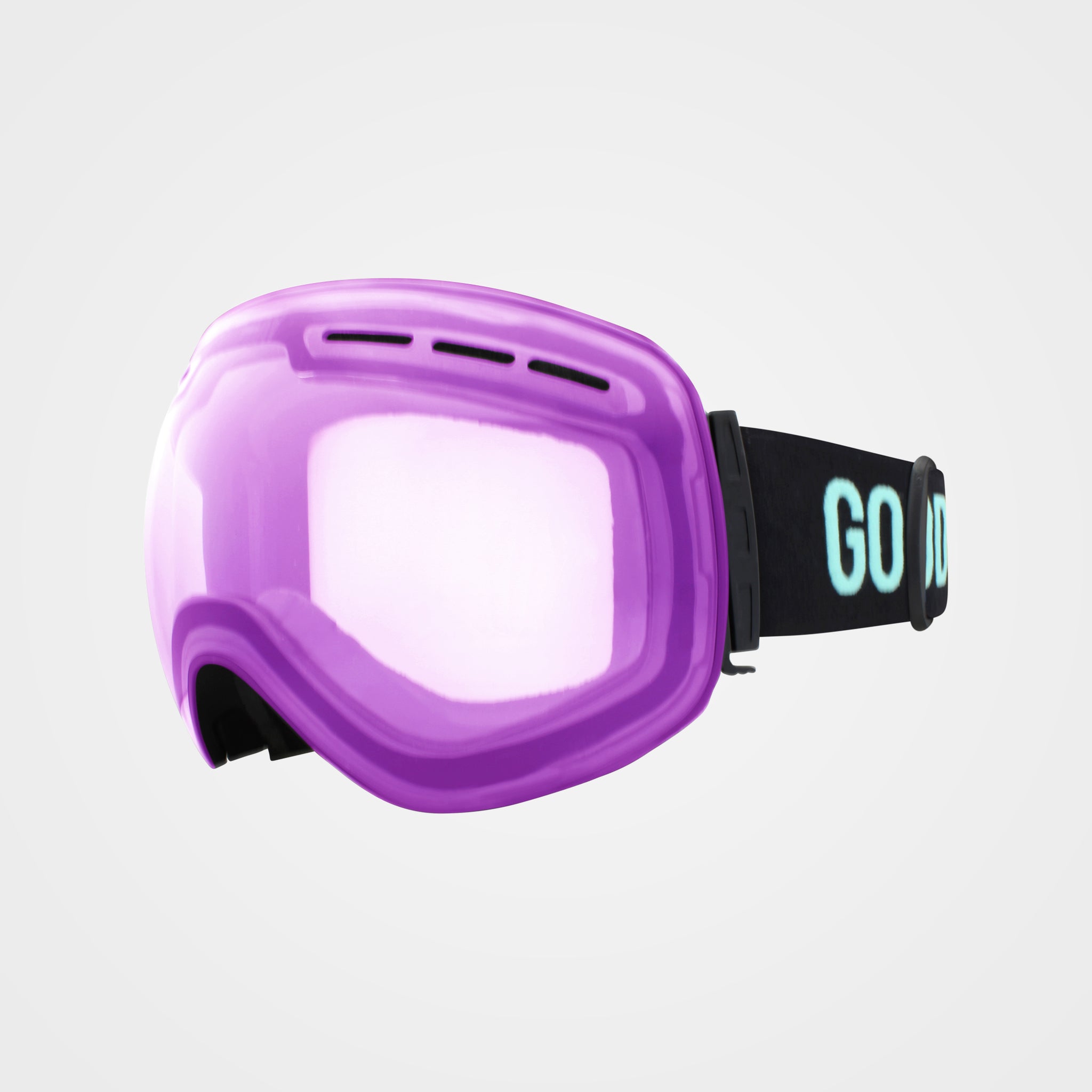 Purple ski goggles with a skull design on the strap.