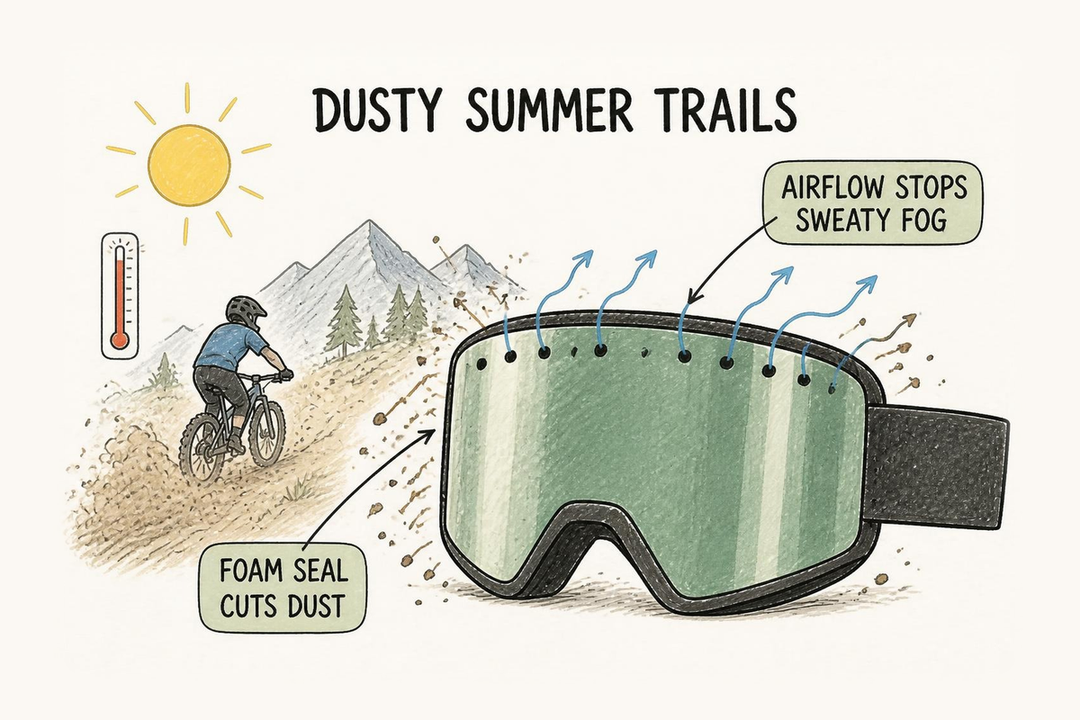 Doodle of a Valorie goggle with a green mirror lens on a hot dusty trail, foam seal cutting dust and vents moving air