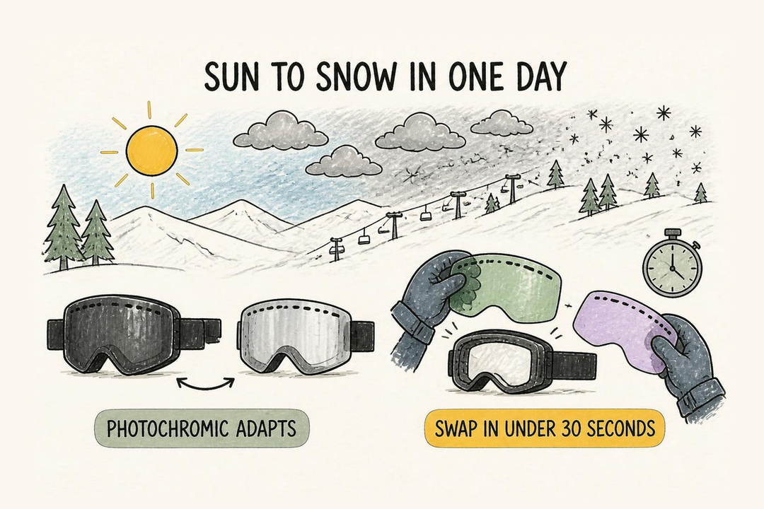 Doodle of a sun to snow ski day: a photochromic Valorie Snow lens adapts, or swap in Grape Ice in under 30 seconds