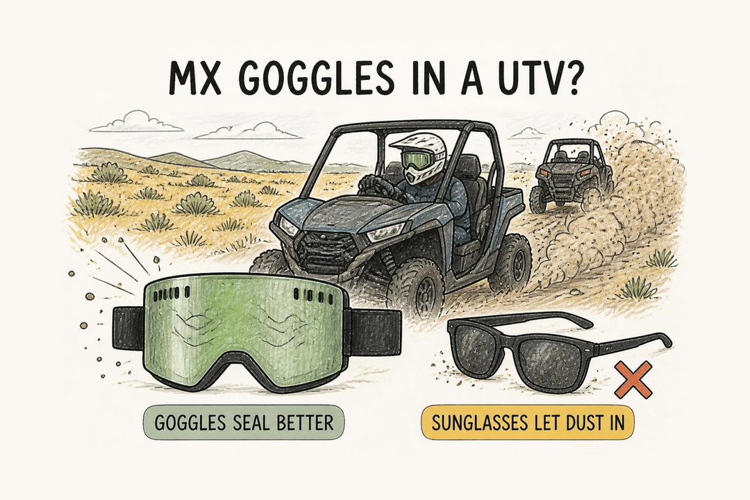Doodle of a side by side UTV in convoy dust, with a Valorie goggle sealing better than sunglasses that let dust in