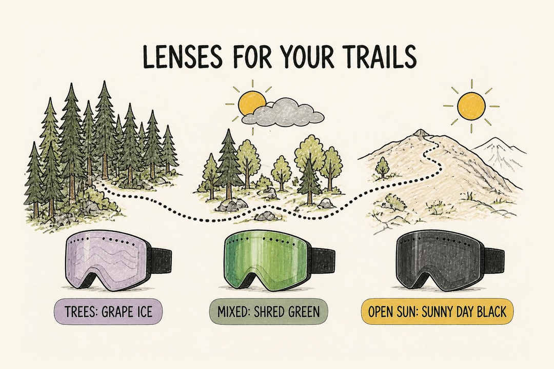 Doodle trail map of lens picks: Grape Ice for trees, Shred Green for mixed light, Sunny Day Black for open sun