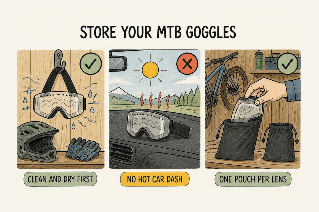 Doodle of MTB goggle storage in a bike shed: a Valorie drying on a hook, no hot car dash, one soft pouch per spare lens