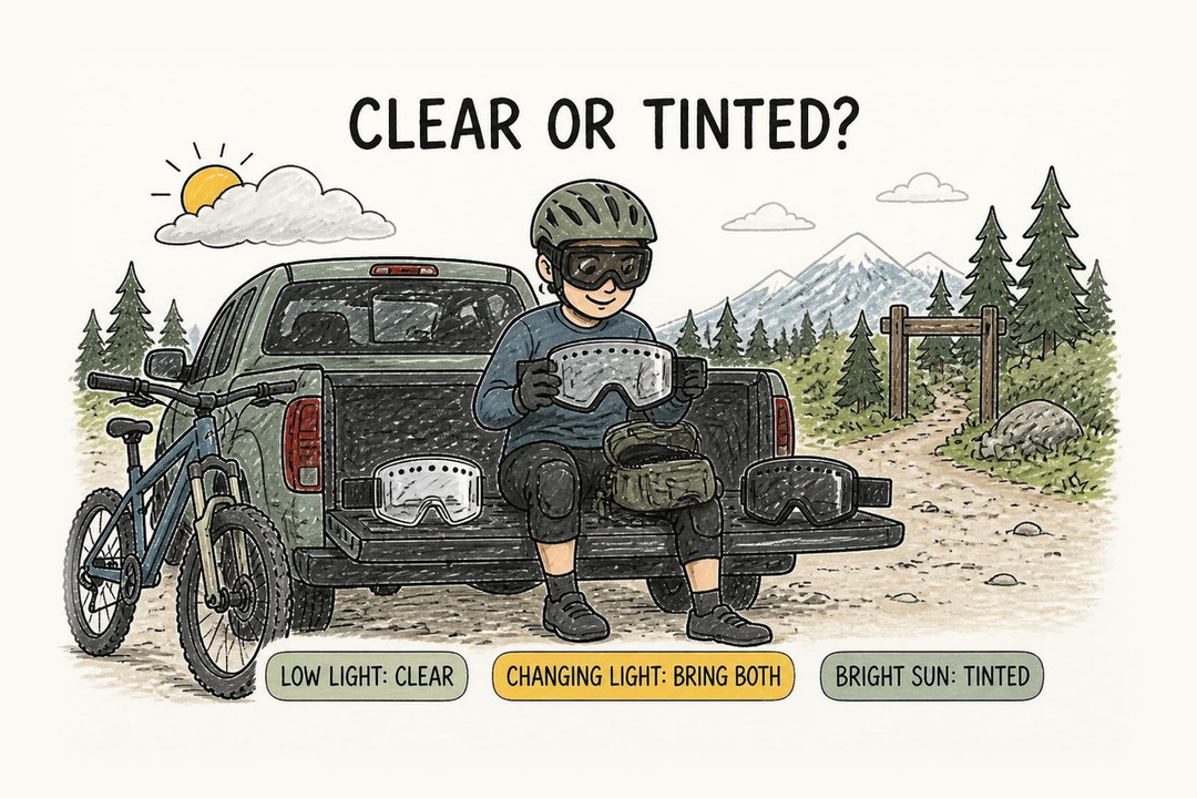 Doodle of a rider at a trailhead picking a clear lens for low light or a tinted lens for sun, with both in a hip pack