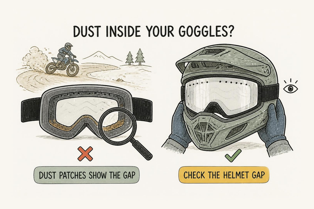 Doodle of dust patches inside a goggle showing the gap, next to a Valorie goggle tucked flush under an MX helmet