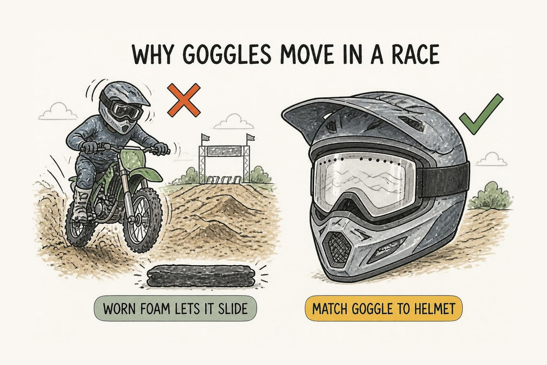 Doodle of a goggle slipping on worn foam during a motocross race, next to a Valorie goggle seated snug in a helmet