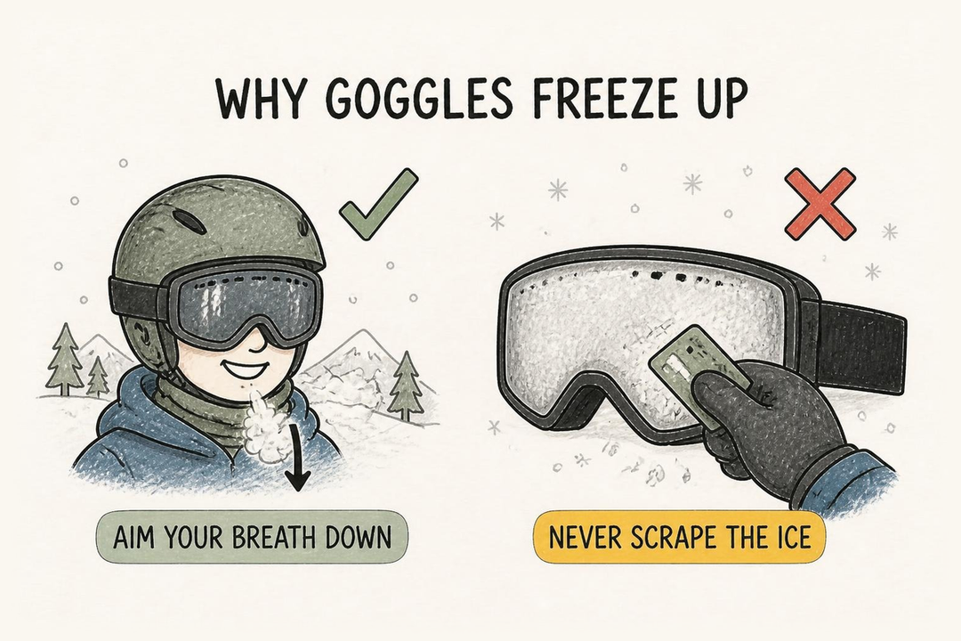 Doodle of a skier breathing down to keep a Valorie Snow goggle clear, and a hand scraping an icy lens marked X