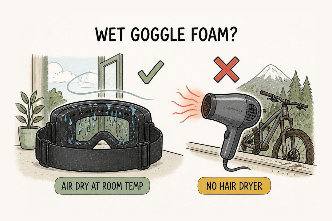 Doodle of wet Valorie goggle foam air drying by an open window, next to a hair dryer marked with an X