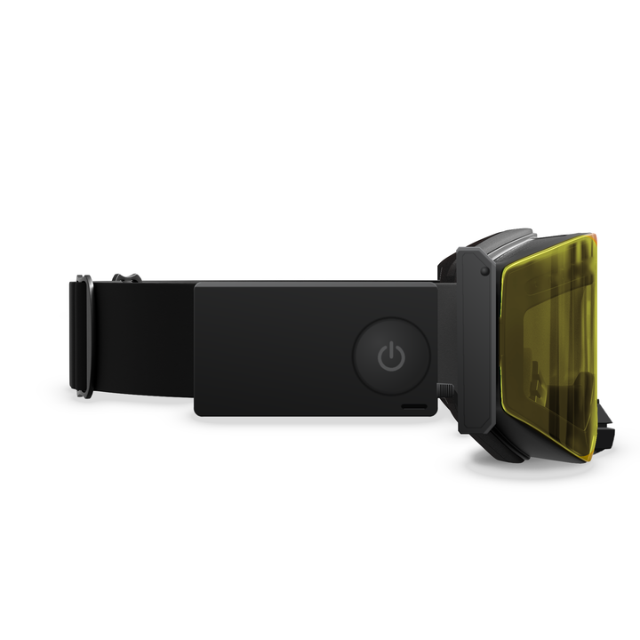 Hillarie heated snowmobile goggle, Yellow low-light lens, right side view with battery pack #strap_top-secret-1
